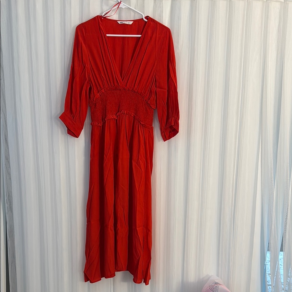 Zara Red Wrap Sundress with 3/4 Cuffed Sleeves